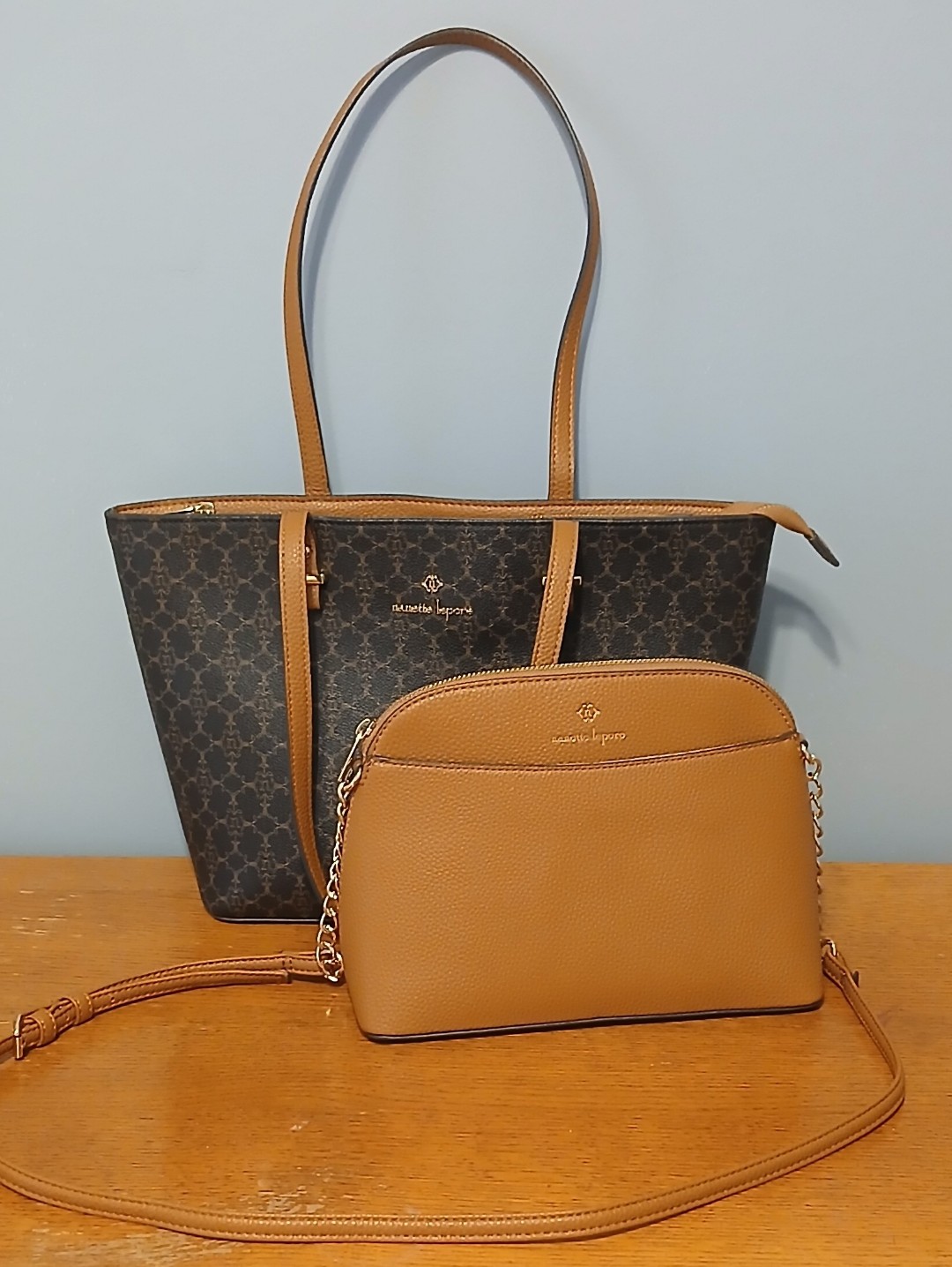 Nanette Lepore Chocolate Monogram Tote With Lonnie Crossbody Bag